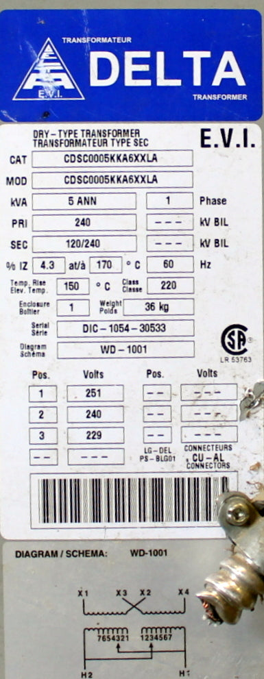 5 kVA Delta Reconditioned Transformer 240-120/240V Cat No CDSC0005KKA6XXLA SKU 3403