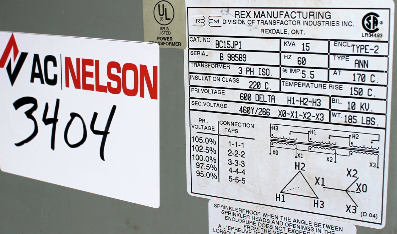 15 kVA Rex Reconditioned Transformer 600-460/266V Cat No BC15JP1 SKU 3404