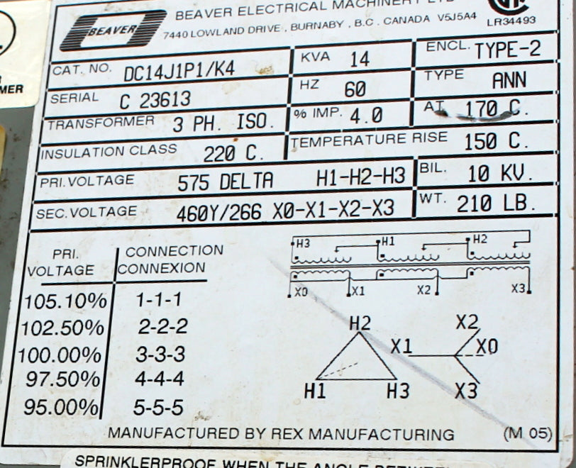 14 kVA Rex Reconditioned Transformer 600-460/266V Cat No DC14J1P1/K4 SKU 3407