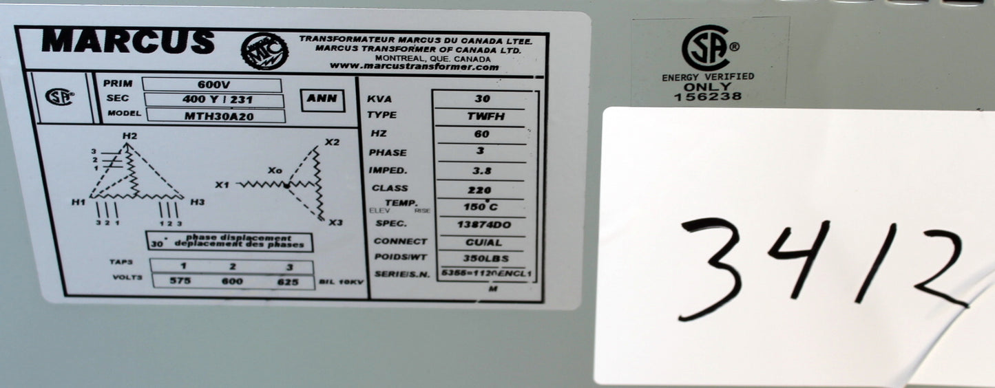 30 kVA Marcus Reconditioned Transformer 600-400/231V Cat No MTH30A20 SKU 3412