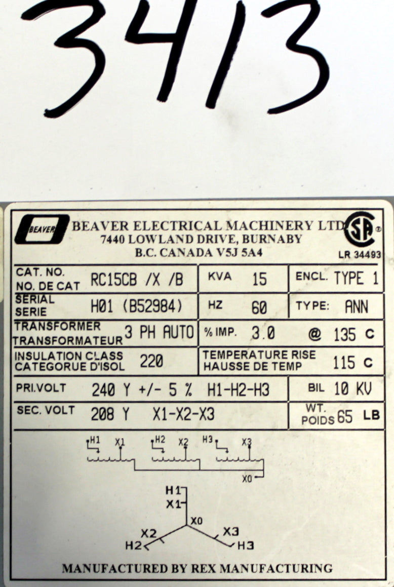 15 kVA Rex Reconditioned Transformer 240-208V Cat No RC15Cb/X/B SKU 3413