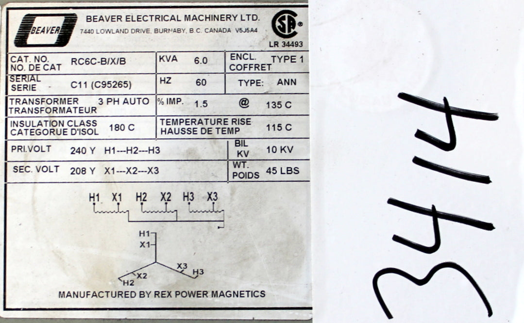 6 kVA Rex Reconditioned Transformer 240-208V Cat No RC6CB/B SKU 3414