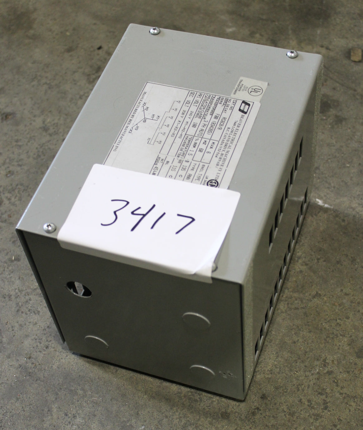 6 kVA Rex Reconditioned Transformer 240-208V Cat No RC6CB/B SKU 3417