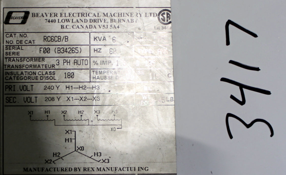 6 kVA Rex Reconditioned Transformer 240-208V Cat No RC6CB/B SKU 3417