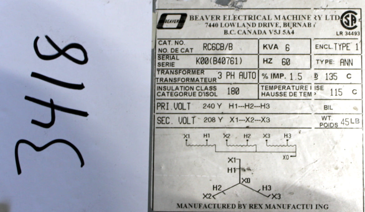6 kVA Rex Reconditioned Transformer 240-208V Cat No RC6CB/B SKU 3418