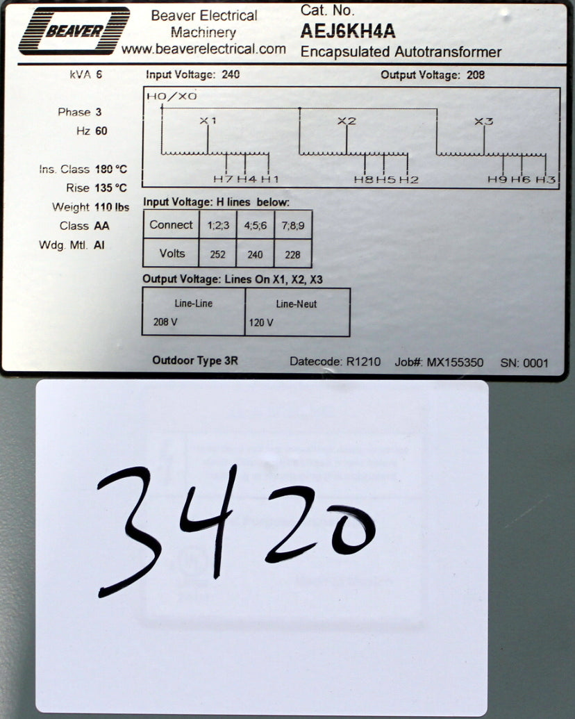 6 kVA Rex Reconditioned Transformer 240-208V Cat No AEJ6KH4A3 SKU 3420