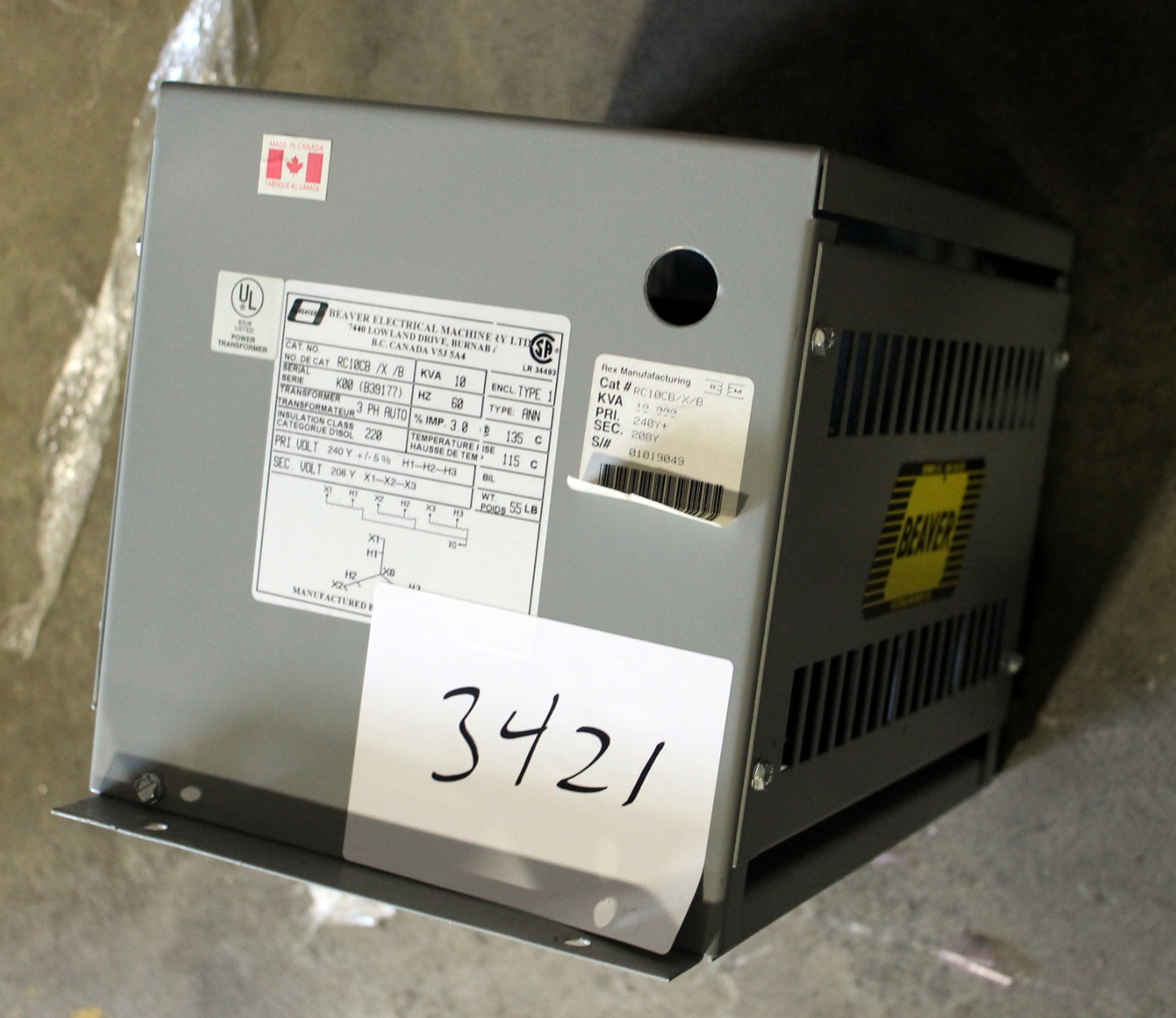 10 kVA Rex Reconditioned Transformer 240-208V Cat No RC10CB/X/B SKU 3421