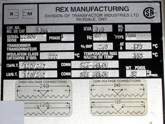 3 kVA Rex Reconditioned Transformer 120/240-120/240V Cat No S3KK SKU 3422