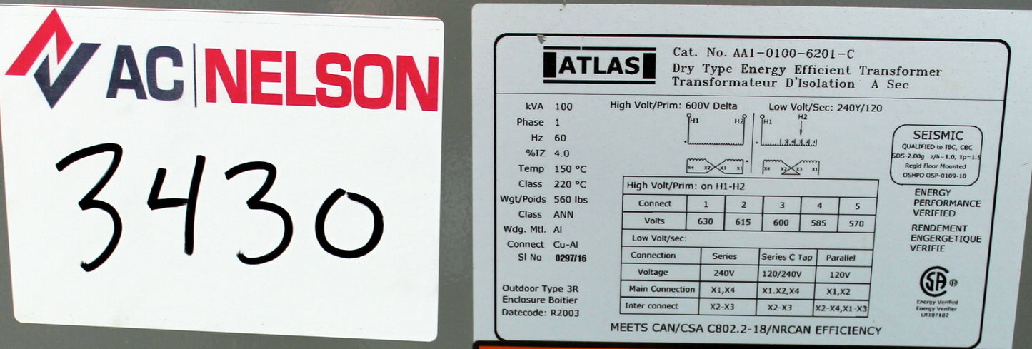 100 kVA Atlas Reconditioned Transformer 600-120/240V Cat No AA1-0100-6201-C SKU 3430