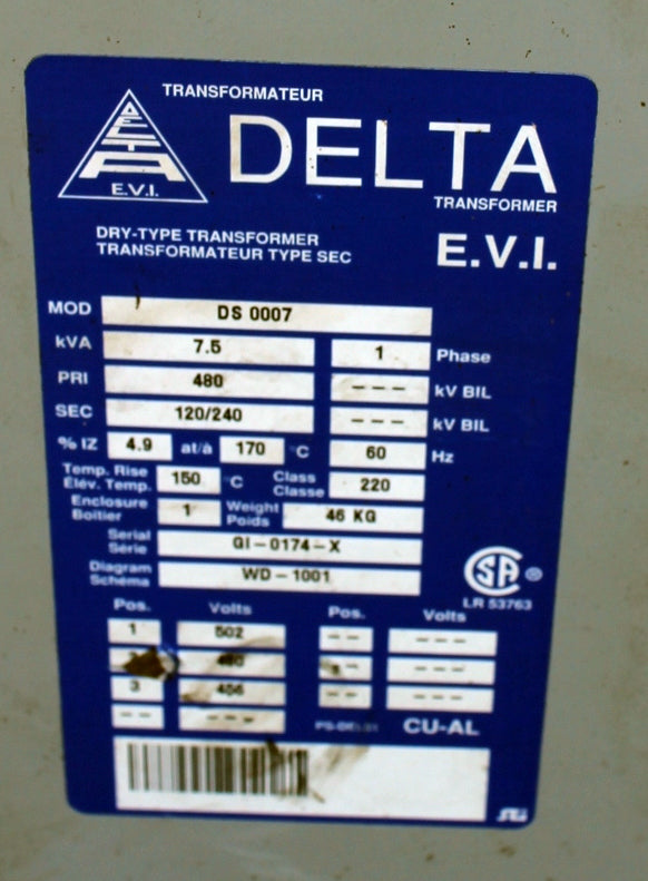 7.5 kVA Delta Reconditioned Transformer 480-120/240V Cat No DS0007 SKU 3470