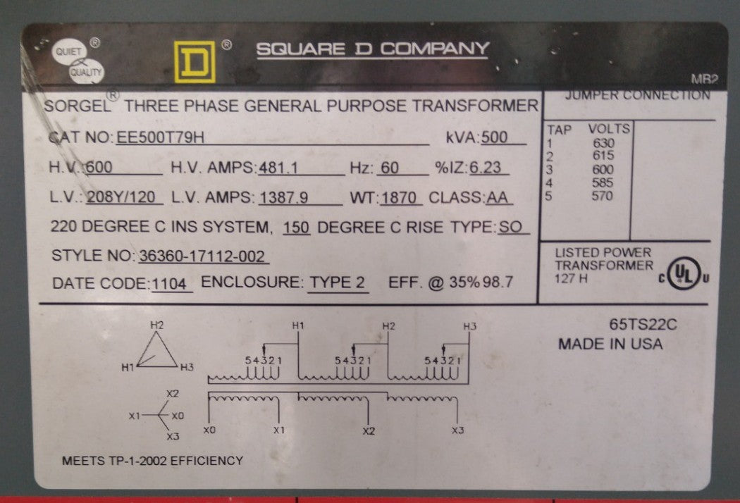 SQUARE D 500 kVA 600-208Y/120V Refurbished Transformer #26