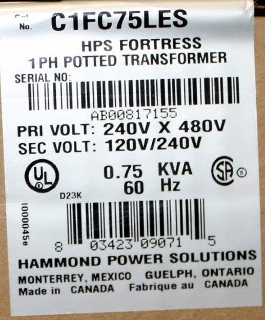 0.75 kVA HPS New Transformer 240/480-120/240V Cat No C1FC75LES SKU 1001