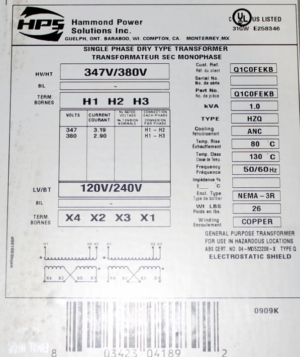 1 kVA HPS New Transformer 347/380-120/240V Cat No Q1C0FEKB SKU 1008