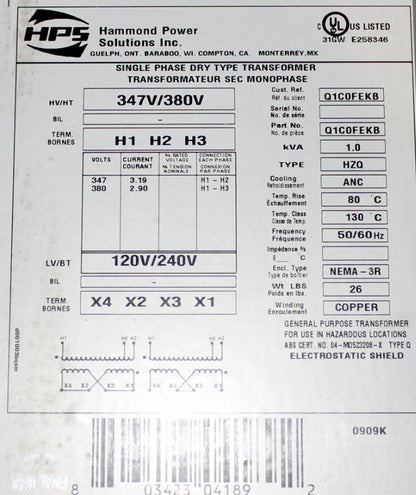 1 kVA HPS New Transformer 347/380-120/240V Cat No Q1C0FEKB SKU 1011