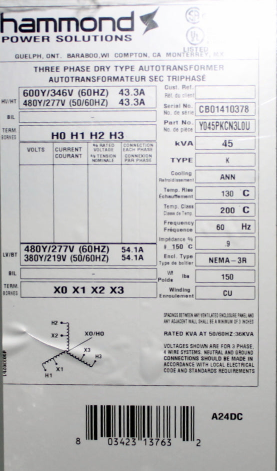 45 kVA HPS New Transformer 600Y/346/480Y/277-480Y/277/380Y/219V Cat No Y045PKCN3LOU SKU 1012