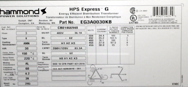 30 kVA HPS New Transformer 480-208Y/120V Cat No EG3A0030KB SKU 1014