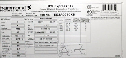 30 kVA HPS New Transformer 480-208Y/120V Cat No EG3A0030KB SKU 1014