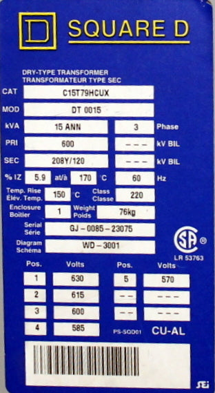 15 kVA SQD New Transformer 600-208Y/120V Cat No C15T79HCUX SKU 1018