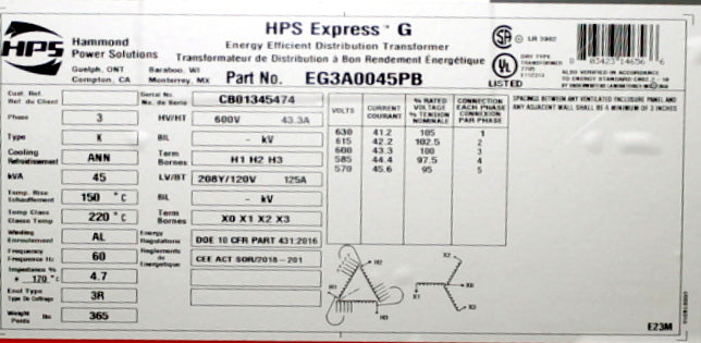 45 kVA HPS New Transformer 600-208Y/120V Cat No EG3A0045PB SKU 1019