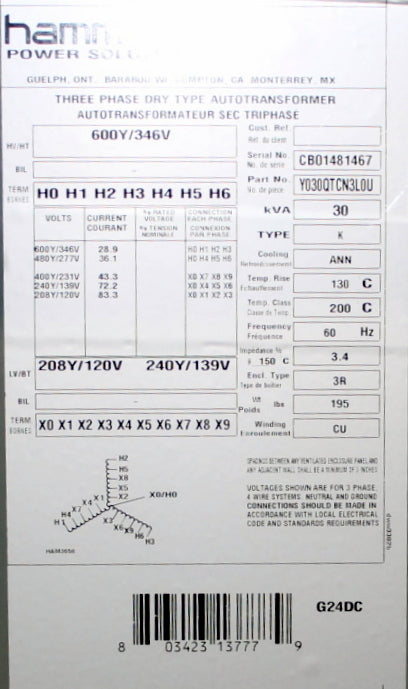 30 kVA HPS New Transformer 600Y/346-208Y/120/240Y/139V Cat No Y030QTCN3LOU SKU 1021