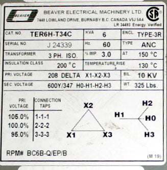 6 kVA BEAVER New Transformer 208D-600Y/347V Cat No TER6H-T34C SKU 1022