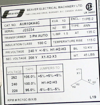 10 kVA BEAVER New Transformer 240Y-208YV Cat No AVR10KH4C SKU 1024