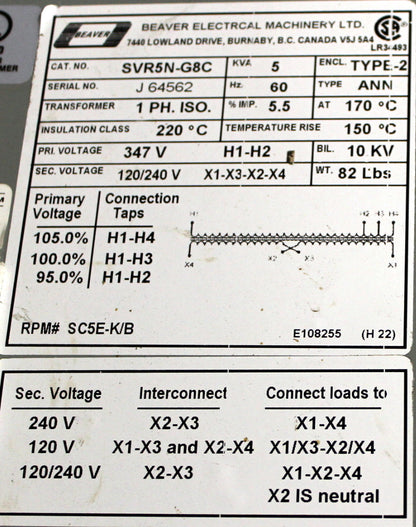 5 kVA BEAVER New Transformer 347-120/240V Cat No SVR5N-G8C SKU 1026