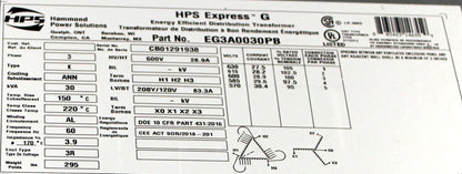 30 kVA HPS New Transformer 600-208Y/120V Cat No EG3A0030PB SKU 1027