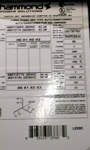 45 kVA HPS New Transformer 600Y/346/480Y/277-480Y/277/380Y/219V Cat No Y045PKCN3LOU SKU 1028