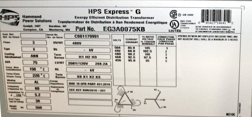 75 kVA HPS New Transformer 480-208Y/120V Cat No EG3A0075KB SKU 1030