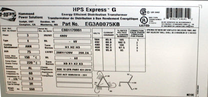 75 kVA HPS New Transformer 480-208Y/120V Cat No EG3A0075KB SKU 1030