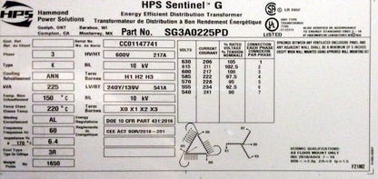 225 kVA HPS New Transformer 600-240Y/139V Cat No SG3A0225PD SKU 1034