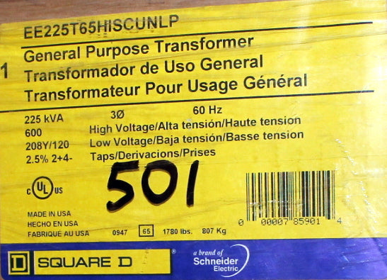 225 kVA SQD New Transformer 600-208Y/120V Cat No EE225T65HISCUNLP SKU 1035