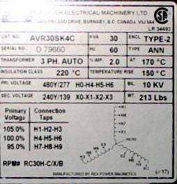 30 kVA BEAVER New Transformer 480Y/277-240Y/139V Cat No AVR30SK4C SKU 1036