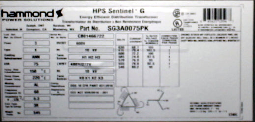 75 kVA HPS New Transformer 600-480Y/277V Cat No SG3A0075PK SKU 1037