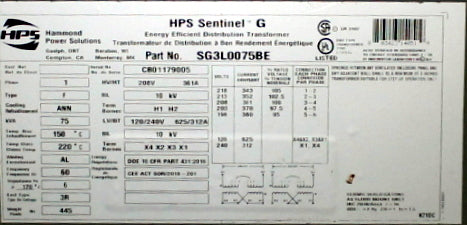 75 kVA HPS New Transformer 208-120/240V Cat No SG3L0075BE SKU 1038