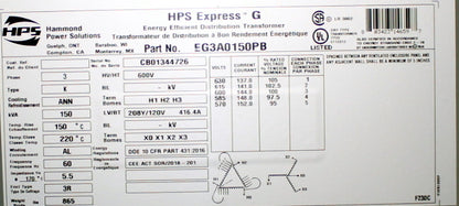 150 kVA HPS New Transformer 600-208Y/120V Cat No EG3A0150PB SKU 1043