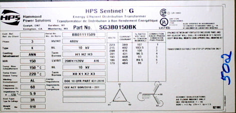 150 kVA HPS New Transformer 480-208Y/120V Cat No SG3B0150BK SKU 1044