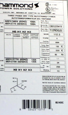 112.5 kVA HPS New Transformer 600Y/346/480Y/277-480Y/277/380Y/219V Cat No Y112PKCH3LOU SKU 1047