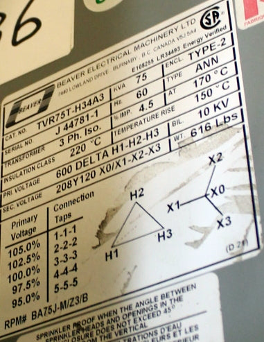 75 kVA BEAVER New Transformer 600-208Y/120V Cat No TVR75T-H34A3 SKU 1048