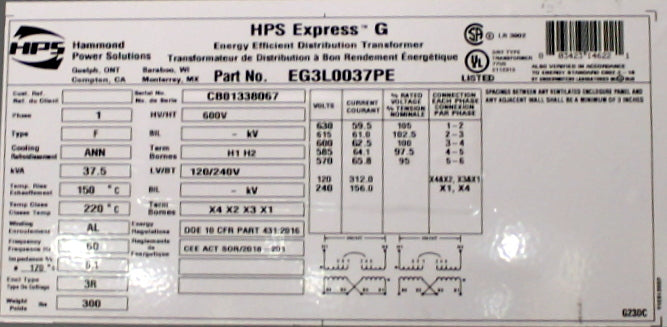 37.5 kVA HPS New Transformer 600-120/240V Cat No EG3L0037PE SKU 1049