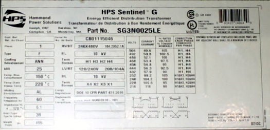 25 kVA HPS New Transformer 240/480-120/240V Cat No SG3N0025LE SKU 1050