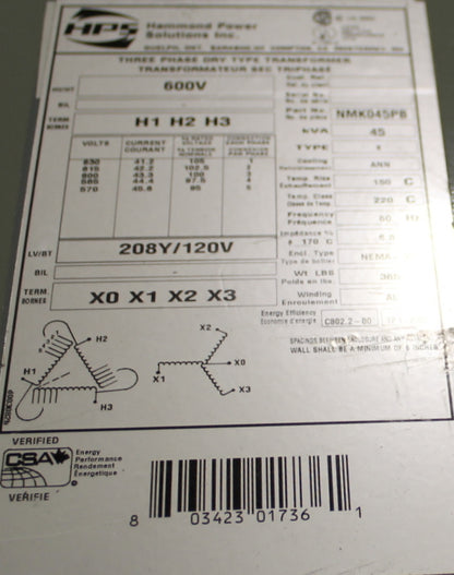 45 kVA HPS New Transformer 600-208Y/120V Cat No NMK045PB SKU 1051