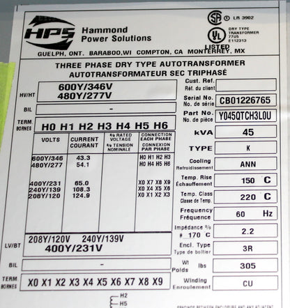 45 kVA HPS New Transformer 600Y/346/480Y/277-208Y/120/240Y/139/400Y/231V Cat No Y045QTCH3LOU SKU 1052