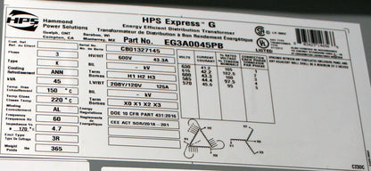 45 kVA HPS New Transformer 600-208Y/120V Cat No EG3A0045PB SKU 1053