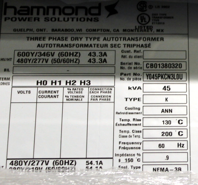 45 kVA HPS New Transformer 600Y/346/480Y/277-480Y/277/380Y/219V Cat No Y045PKCN3LOU SKU 1055