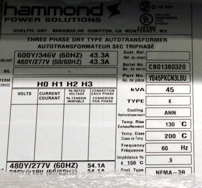 45 kVA HPS New Transformer 600Y/346/480Y/277-480Y/277/380Y/219V Cat No Y045PKCN3LOU SKU 1055