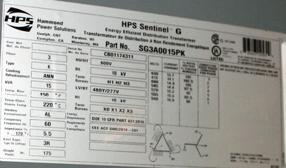 15 kVA HPS New Transformer 600-480Y/277V Cat No SG3A0015PK SKU 1061