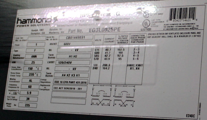 25 kVA HPS New Transformer 600-120/240V Cat No EG3L0025PE SKU 1062