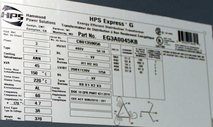 45 kVA HPS New Transformer 480-208Y/120V Cat No EG3A0045KB SKU 1064